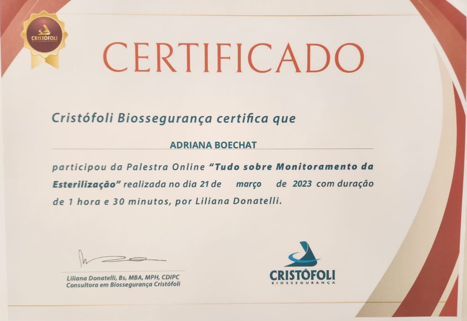 Certificado Monitoramento da Esterilização — Cristófoli