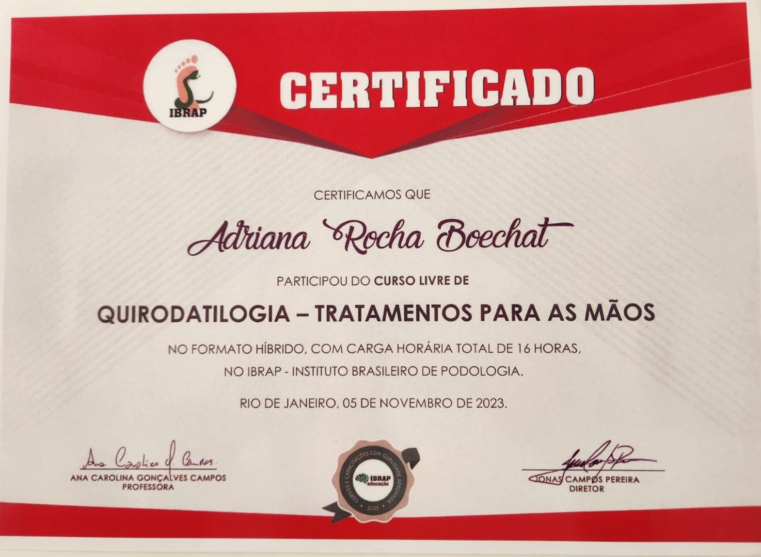 Certificado Quirodatilogia — Tratamentos para as Mãos — IBRAP